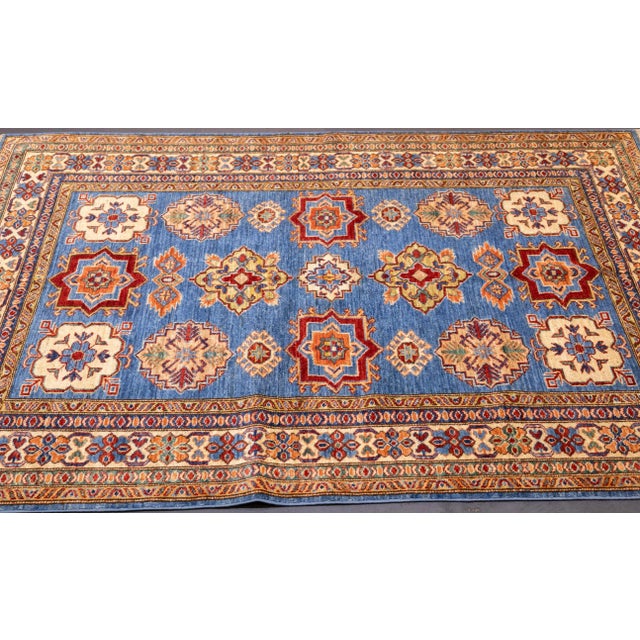 Textile Early 21st Century Contemporary Blue & Yellow Kazak Rug 4'10'' X 6'8'' For Sale - Image 7 of 10