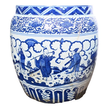 Large Blue and White Porcelain Planters, Set of 2 For Sale