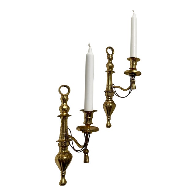 Pair of 1980s Italian Brass Tasseled Wall Sconces Candleholders For Sale