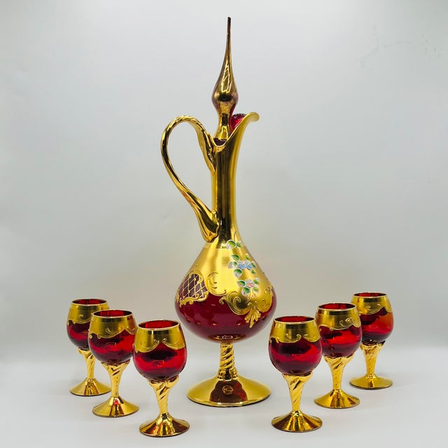 Ruby Red Murano Glass Tre Fuochi Decanter and Liqueur Service, 1950s, Set of 7 For Sale - Image 4 of 14