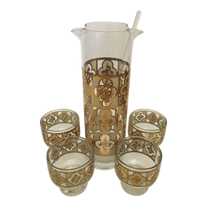 Mid-Century Modern Culver Clover Martini Pitcher & Four Footed Glasses- 6 Pieces Very Retro!