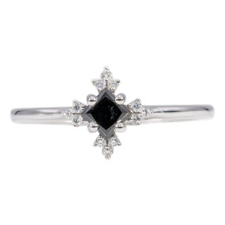 Black Diamond Ring With Diamond Accents in Solid 14k Gold, Asscher Cut 3.6mm, Size 6.75 For Sale