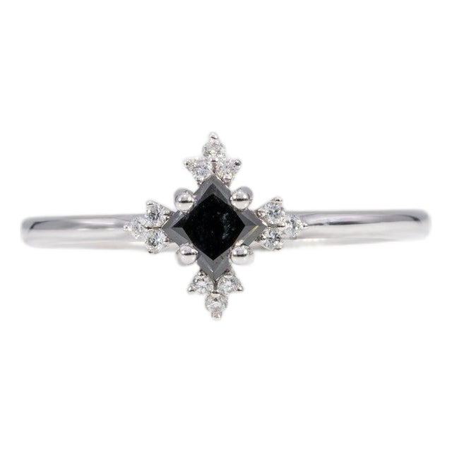 Black Diamond Ring With Diamond Accents in Solid 14k Gold, Asscher Cut 3.6mm, Size 6.75 For Sale