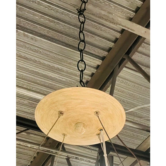 Original retail $3390, stylish Currey & Company Organic Modern Wood Bead Korg Chandelier, wrought iron frame finished in...