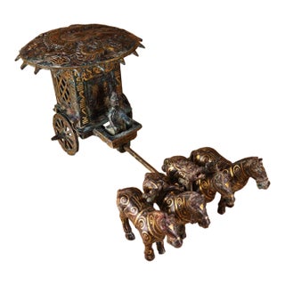 Large Vintage Bronze Chariot Sculpture - Asian Gold-Inlaid Horse & Carriage Statue With Inscriptions For Sale