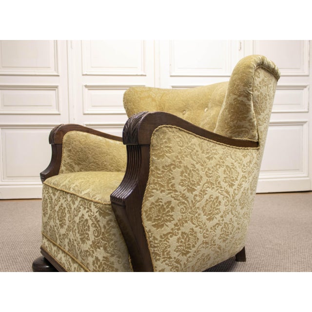 Wood Vintage Swedish Wingback Chair with Golden Velvet and Carved Oak Armrests, 1920s For Sale - Image 7 of 12