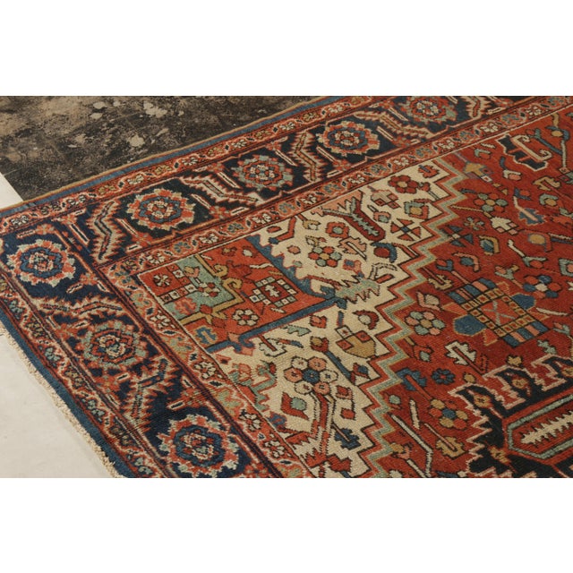 Hand-Knotted Antique Persian Heriz Rug in Red, Blue, Beige Medallion Pattern For Sale In New York - Image 6 of 7