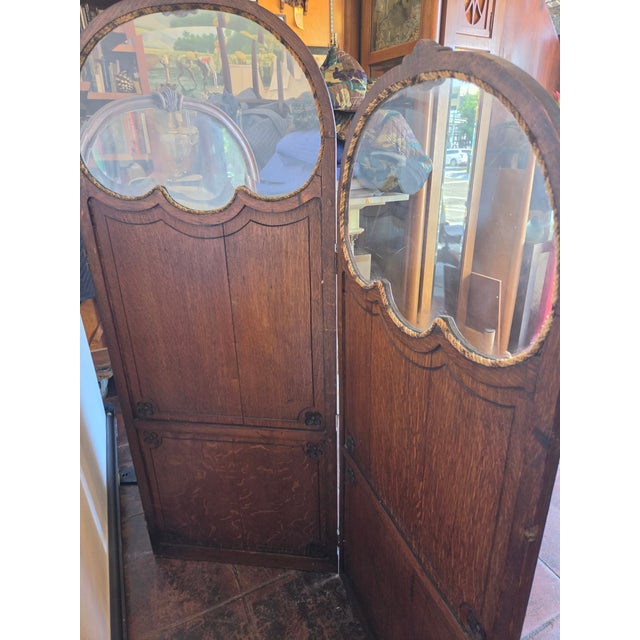 Art Nouveau Three-Panel Hand Carved Oak Screen Military or Musical Dressing Screen For Sale - Image 10 of 13
