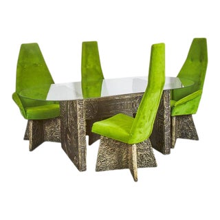 1970 Brutalist Dining Table & Green Velour Chairs For Sale