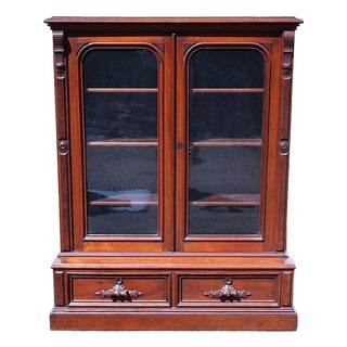 Late 19th Century Victorian Walnut Glazed Library Bookcase With Drawers For Sale
