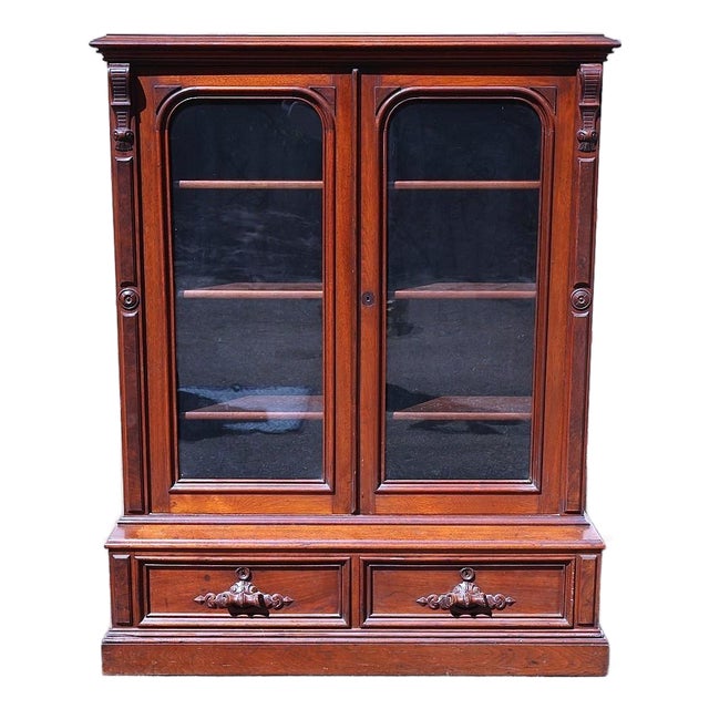Late 19th Century Victorian Walnut Glazed Library Bookcase With Drawers For Sale