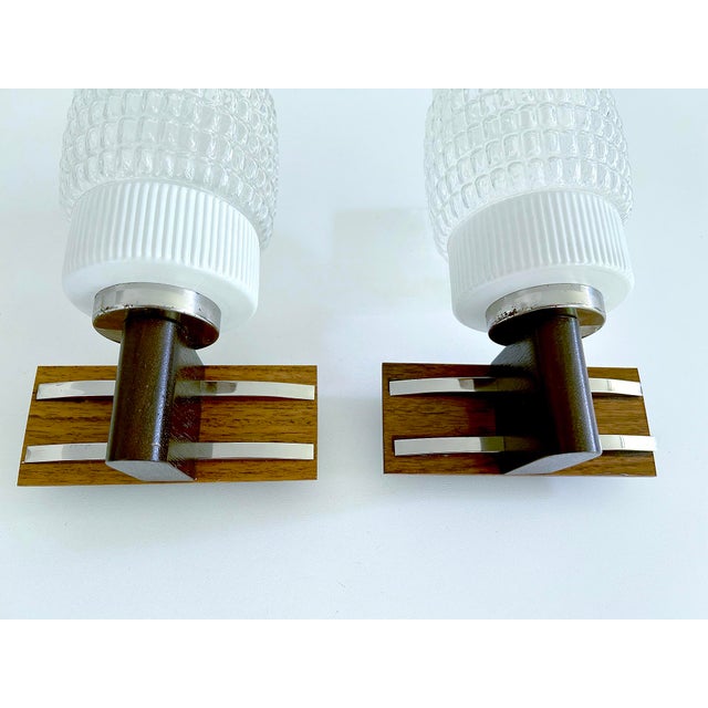 Vintage Scandinavian Teak Glass Sconces, 1960s, Set of 2 For Sale - Image 4 of 18