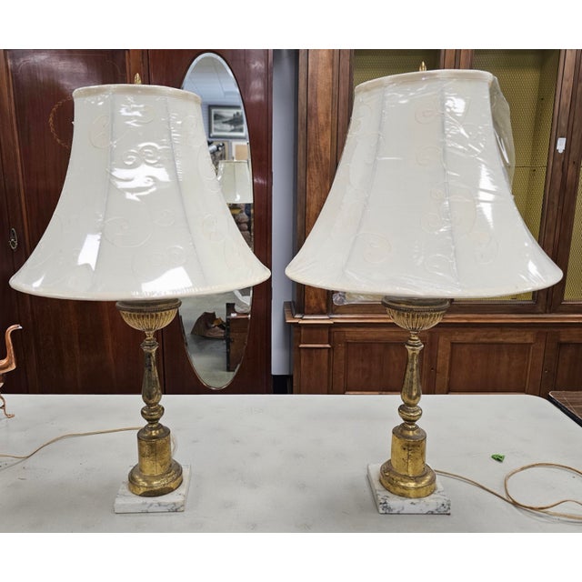 Mid 20th Century Mid Century Gilt Brass Metal and Marble Table Lamps - a Pair For Sale - Image 5 of 6