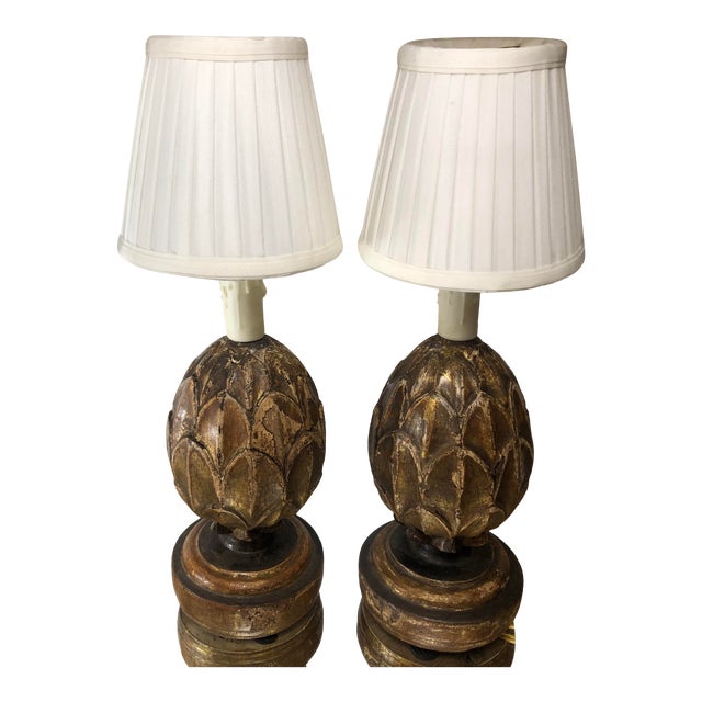 Pair of Antique 18th C GiltWood Finials Now Petit Designer Lamps