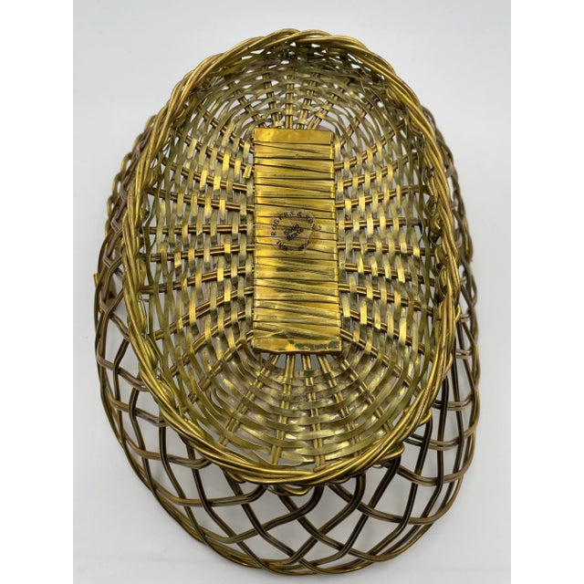 Traditional Wm. Rogers & Sons Solid Brass Woven Oval Basket With Handle For Sale - Image 3 of 7
