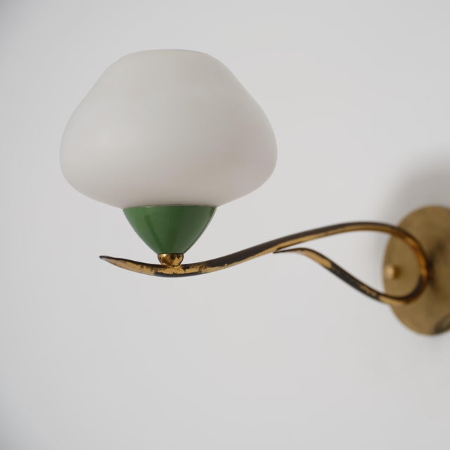 Italian Brass, Green Lacquered Metal and Opaline Glass Wall Sconces, 1950s, Set of 2 For Sale - Image 4 of 13