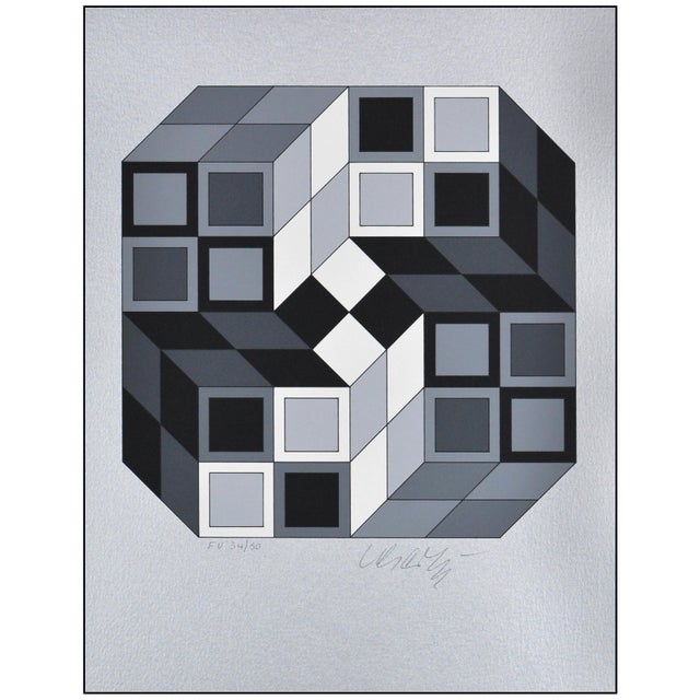 Abstract 1980 Composition Silver Geometric Abstract Gray Silkscreen Victor Vasarely For Sale - Image 3 of 6