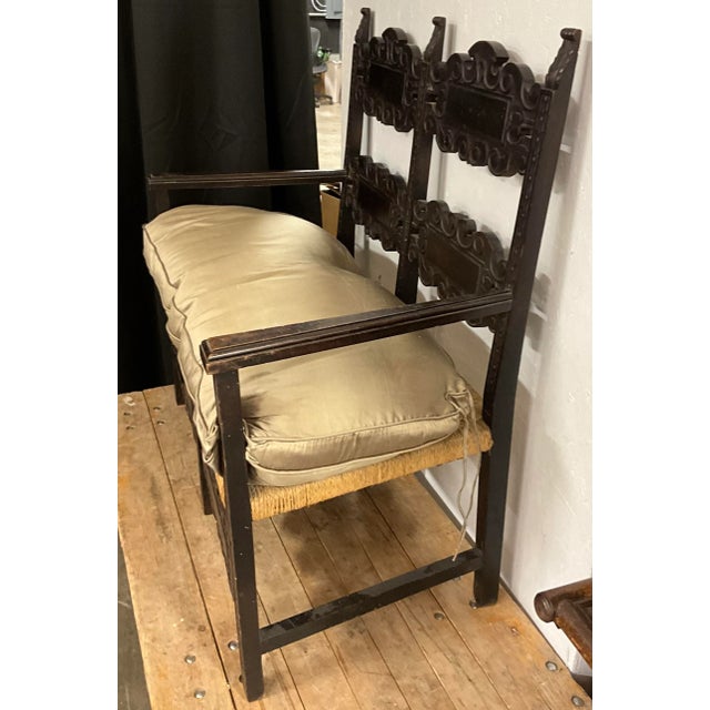 French 19th-C. French Ebonized Carved Oak Settee With Rush Seat & Silk Down Cushion For Sale - Image 3 of 9