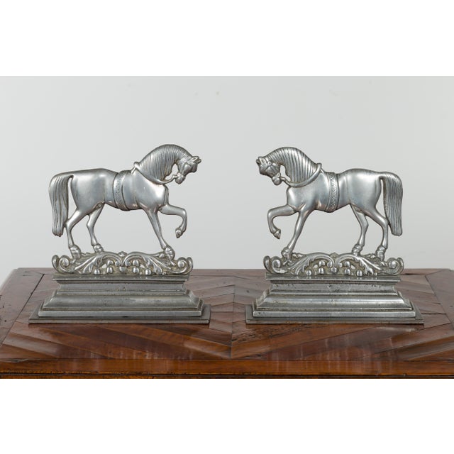 Metal Early 20th Century Pair of English Turn of the Century Metal Bookends Depicting Prancing Horses For Sale - Image 7 of 12