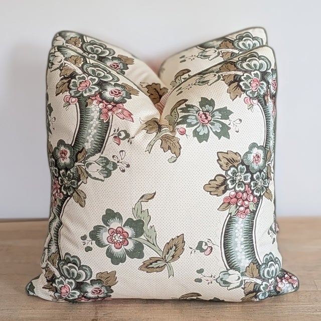 Transitional Lee Jofa Benday Floral Pillows in Green & Rose With Fermoie Pink Striped Backs For Sale - Image 3 of 8