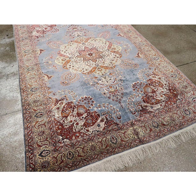 Sky Blue Galerie Shabab Collection Mid-20th Century Turkish Silk Herekeh Rug For Sale - Image 8 of 10