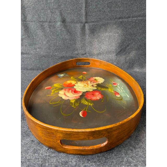 Vintage Oval Wood Floral Tole Painted Tray For Sale - Image 16 of 17