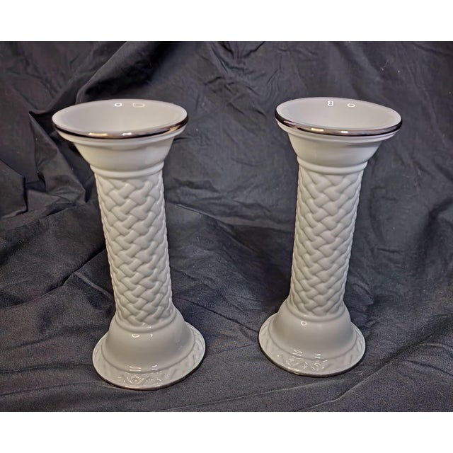 Contemporary Lenox Set of Woven Candlesticks ~ Platinum Illuminations Collection ~ Bone China For Sale - Image 3 of 6