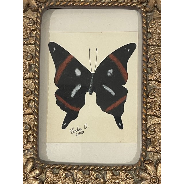 Shabby Chic Vintage Original Art Butterfly Painting Signed O. Carlos and Fred For Sale - Image 3 of 3