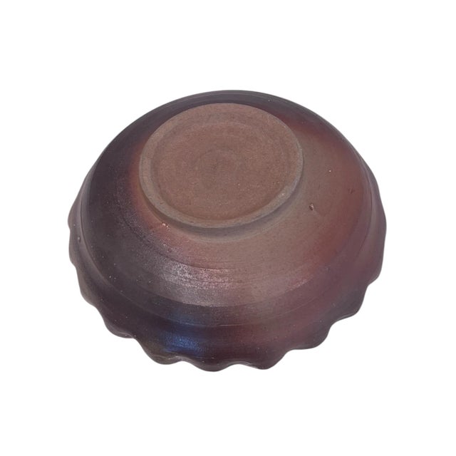Mid-Century Modern Vintage Hand-Thrown Stoneware Art Bowl – Scalloped Edge Zen Enso Swirl Signed For Sale - Image 3 of 6