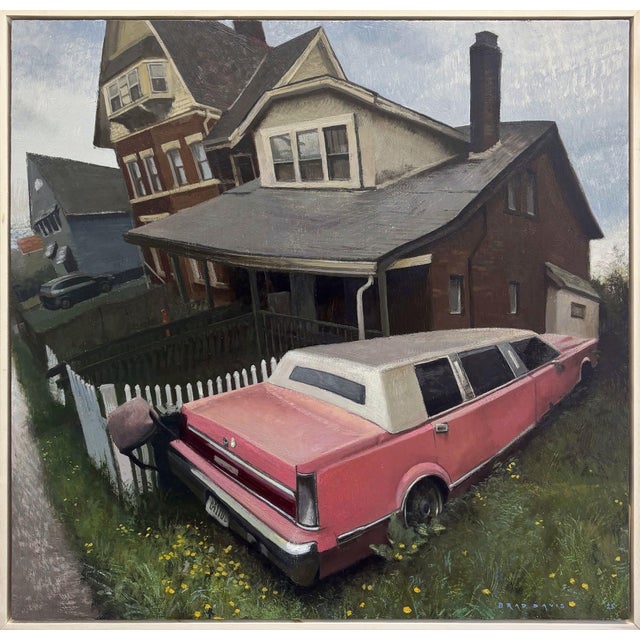 State Ave. Stretch by Brad Davis | Oil on wood panel Pink limousine parked near a house. For Sale - Image 4 of 5