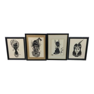 Vintage Mid Century modern Footprints by Fko Framed Wall Art Clown Cat Native - Set of 4 For Sale