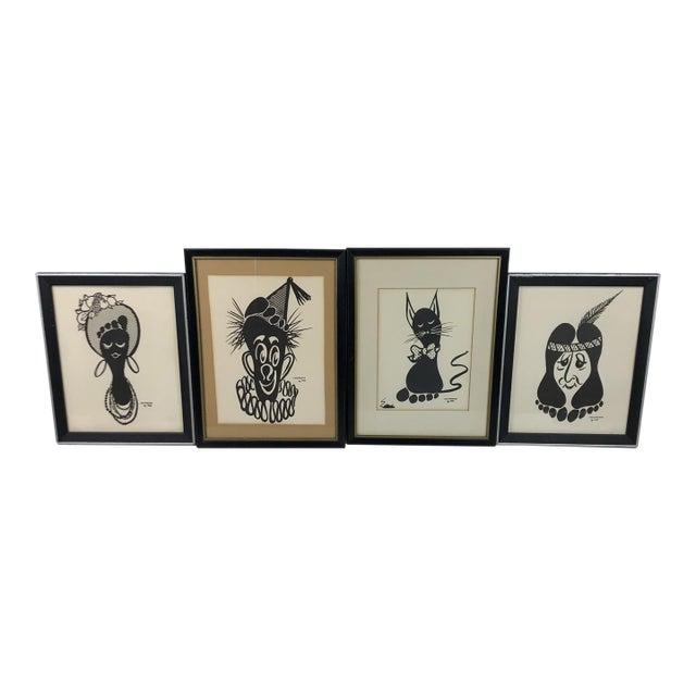 Vintage Mid Century modern Footprints by Fko Framed Wall Art Clown Cat Native - Set of 4 For Sale