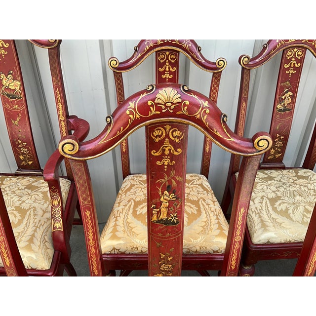 Chinoiserie Early English Georgian Queen Anne Style Red & Gilt Chinoiserie Dining Chairs -S/10 For Sale - Image 3 of 13
