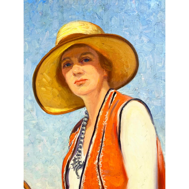 An early 20th century American painting by Susan Ricker Knox, featuring the artist on horseback stylishly attired in a...