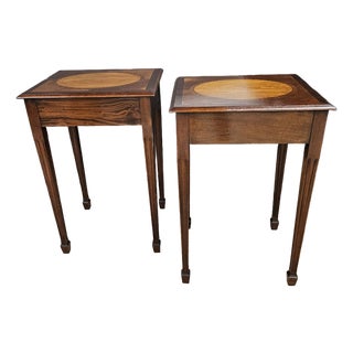 Late 20th Century Pair of Regency Style Mahogany Inlaid & Banded Side Tables For Sale