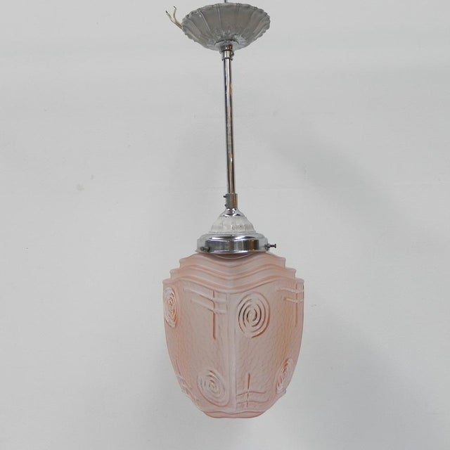 Art Deco Hanging Lamp with Pink Glass Shade, 1930s For Sale - Image 3 of 17