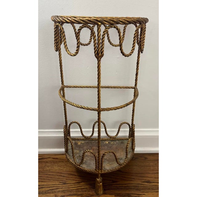 Mid 20th Century Mid Twentieth Century Hollywood Regency Twisted Metal Rope and Tassel Petite Demilune Three Shelf Table For Sale - Image 5 of 8