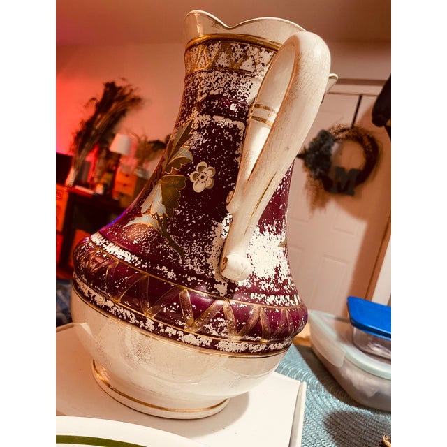 Ceramic Vintage/Antique Mixed Porcelain Decorative Pitcher, Washpan Pitcher, “Ewer”, Stamped Antique Collectable Double-Glazed Earthenware For Sale - Image 7 of 8