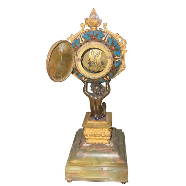 19th Century French Champlevé Enamel Figural Mantel Clock For Sale In Los Angeles - Image 6 of 9