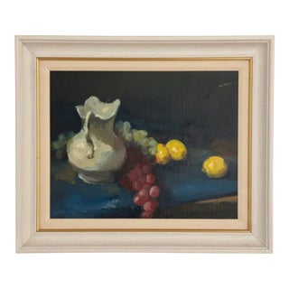 Vintage Still Life Grapes & Pitcher, Oil on Canvas For Sale
