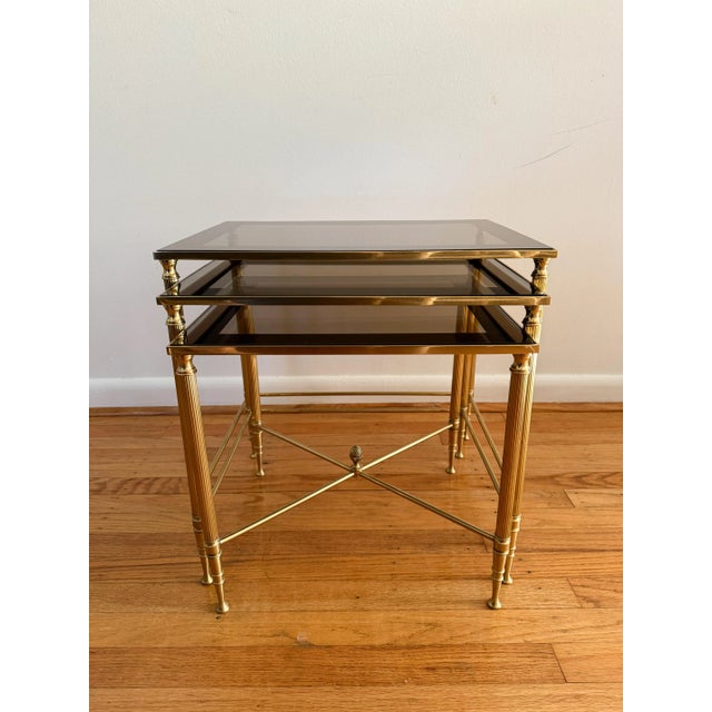 Mid-Century Modern Brass and Smoked Glass Set of 3 Vintage Nesting Tables Attributed to Maison Jansen For Sale - Image 3 of 6