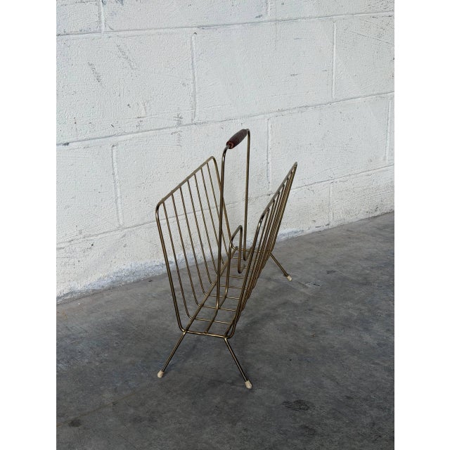 Brass Wire Magazine Holder With Wood Handle Mid-Century Modern 1960s For Sale - Image 9 of 10