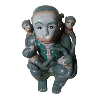 1970s Chinese Hand Painted Ceramic Monkey With Babies Sculpture Figuring Decor For Sale