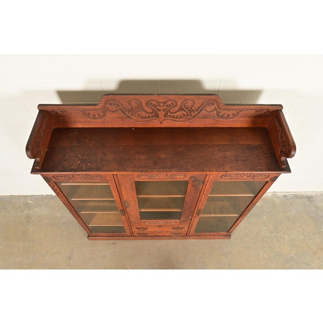 R. J. Horner Style Antique Victorian Carved Oak Triple Bookcase, Circa 1880s For Sale - Image 10 of 13