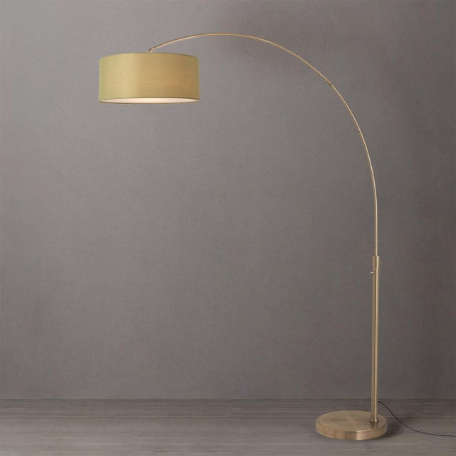 Mid-Century Modern 1960s 92" Mid Century Float Brass Floor Lamp Modern Arc Lamp, Avocado Linen Drum Shade, Dimmable, Living Room For Sale - Image 3 of 4