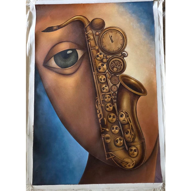 Brown Music and Memory – Original Large Surrealist Ethio-Jazz Canvas Painting by Tsegalidet Tefera For Sale - Image 8 of 10