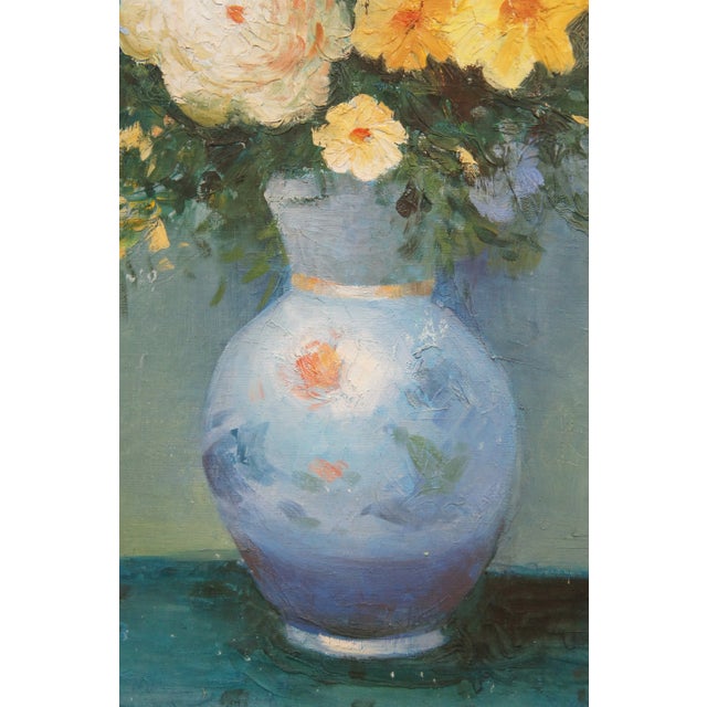 Late 20th Century Vintage Bouquet of Flowers Blue Vase Still Life Oil Painting on Canvas 40" For Sale - Image 5 of 9