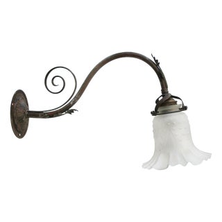 Art Nouveau French Brass and Frosted Glass Wall Lamp For Sale