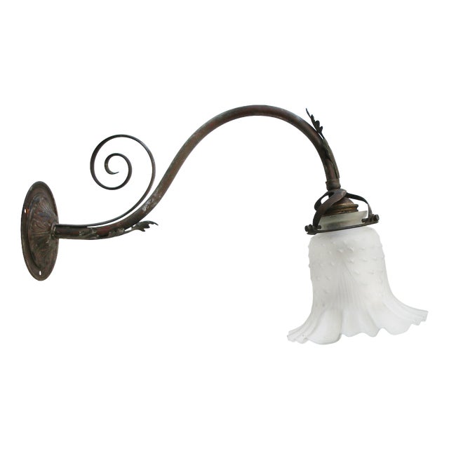 Art Nouveau French Brass and Frosted Glass Wall Lamp For Sale