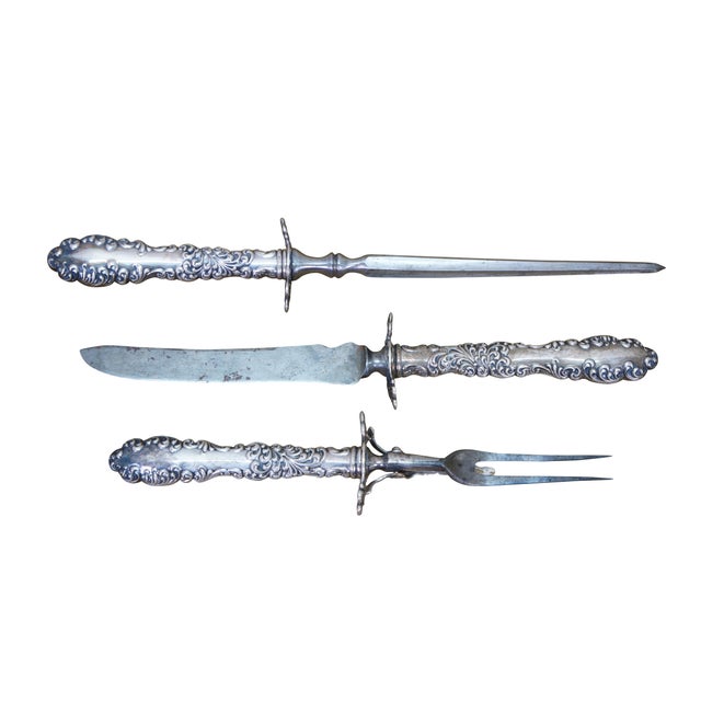 Antique mid 19th century R. Wallace & Sons Baroque Waverly carving roasting knife, fork and sharpener set. The Waverly...